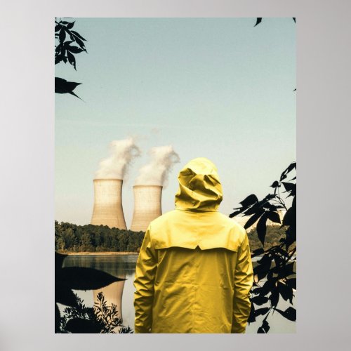 Power Plant Smoke Stacks and Yellow Raincoat Poster