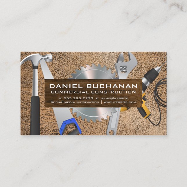 Power Tools | Wood Board | Brown Worn Leather Business Card (Front)