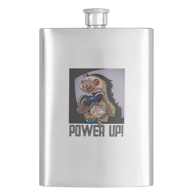 Power Up! Funny Cartoon Sloth Playing Video Games Flask (Front)