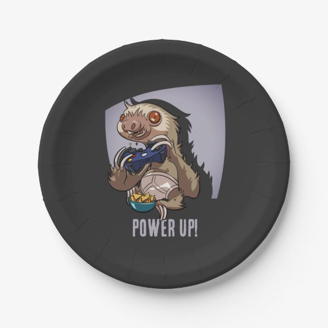 Power Up! Funny Cartoon Sloth Playing Video Games Paper Plates (Front)
