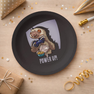 Power Up! Funny Cartoon Sloth Playing Video Games Paper Plates