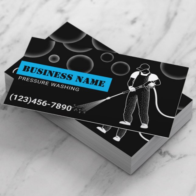 Power Wash Pressure Washing Black & Blue Cleaning Business Card (Creator Uploaded)
