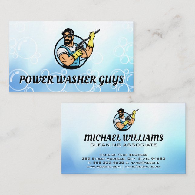 Power Washing Guy Logo | Soap Bubbles  Business Card (Front/Back)