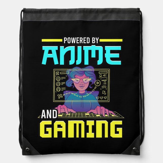 Powered by Anime and Gaming Video Game Gamer  Drawstring Bag (Front)