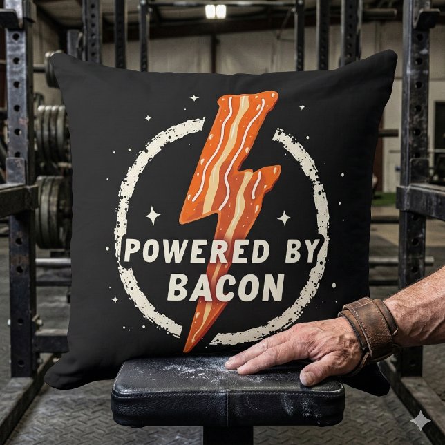 Powered by Bacon Funny Retro Foodie Aesthetic Throw Pillow (Powered by Bacon Funny Retro Foodie Aesthetic Throw Pillow Mockup C)