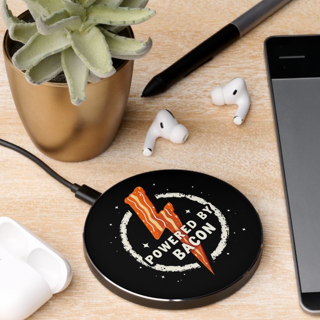 Powered by Bacon Funny Retro Foodie Aesthetic Wireless Charger (Desk 2)