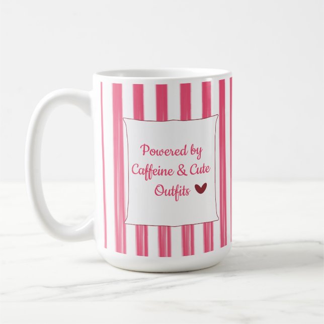 Powered by Caffeine and Cute Outfits Funny Pink  Coffee Mug (Left)