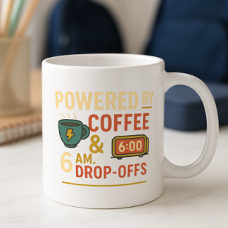 Powered by Coffee & 6 a.m. Drop‑Off Back-to-School Mug