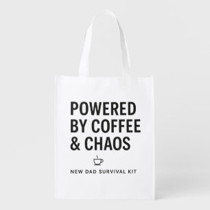 Powered by Coffee and Chaos New Dad Survival Kit Grocery Bag