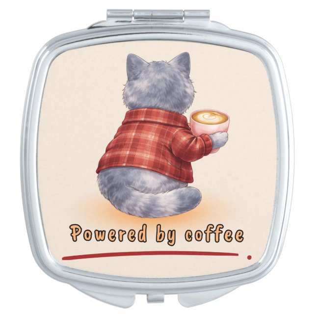 "Powered by Coffee" Cat Holding A Cup of Coffee Compact Mirror (Front)
