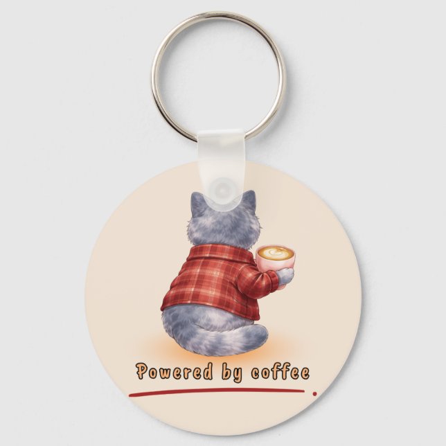 "Powered by Coffee" Cat Holding A Cup of Coffee Keychain (Front)