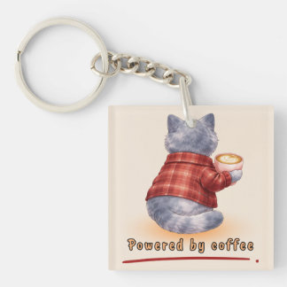 "Powered by Coffee" Cat Holding A Cup of Coffee Keychain