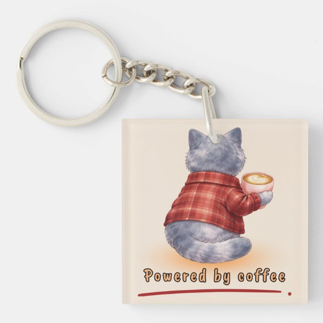 "Powered by Coffee" Cat Holding A Cup of Coffee Keychain (Front)