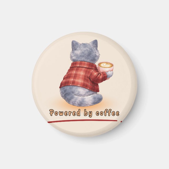 "Powered by Coffee" Cat Holding A Cup of Coffee Magnet (Front)