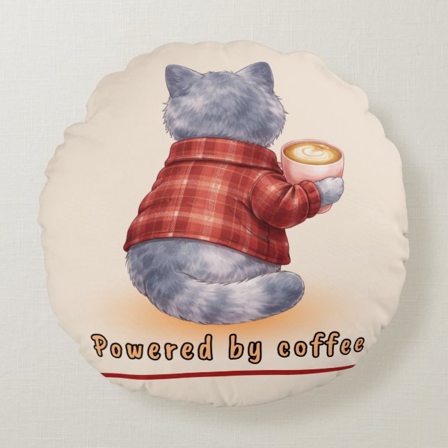 "Powered by Coffee" Cat Holding A Cup of Coffee Round Pillow (Front)