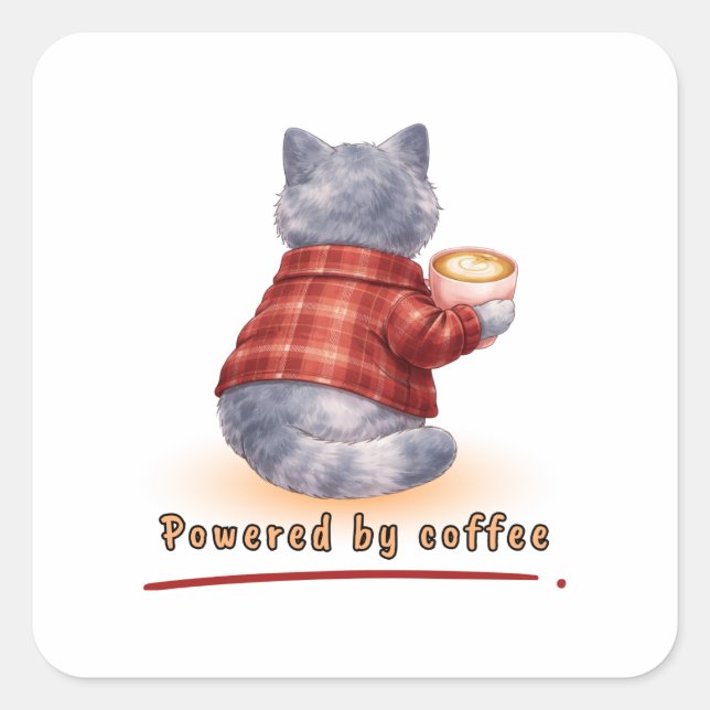 "Powered by Coffee" Cat Holding A Cup of Coffee Square Sticker (Front)