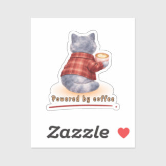 "Powered by Coffee" Cat Holding A Cup of Coffee Sticker