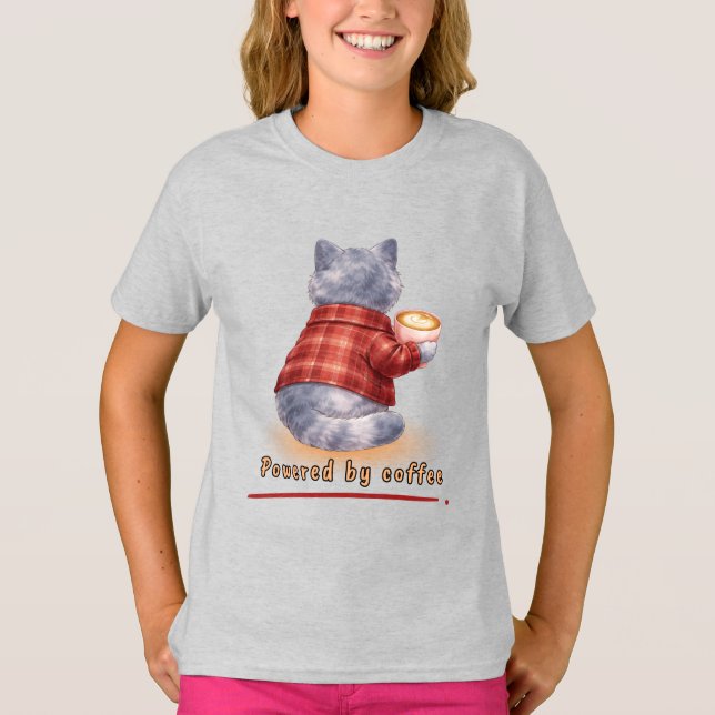 "Powered by Coffee" Cat Holding A Cup of Coffee T-Shirt (Front)