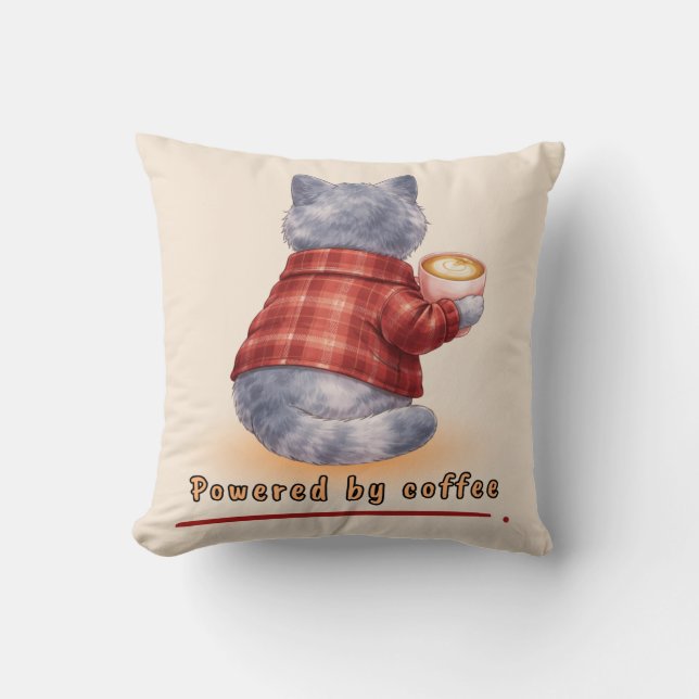 "Powered by Coffee" Cat Holding A Cup of Coffee Throw Pillow (Front)