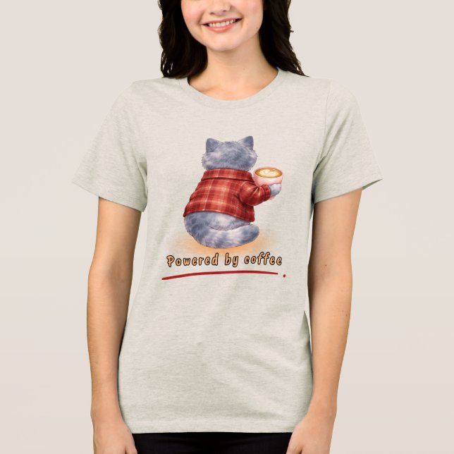 "Powered by Coffee" Cat Holding A Cup of Coffee Tri-Blend Shirt (Front)
