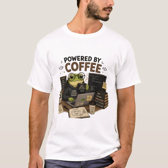 Powered by Coffee Funny Programmer T-Shirt | Frog  (Front)