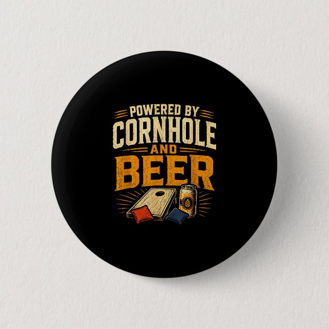 Powered by cornhole and beer funny tailgate button (Front)