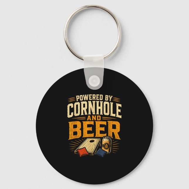 Powered by cornhole and beer funny tailgate keychain (Front)
