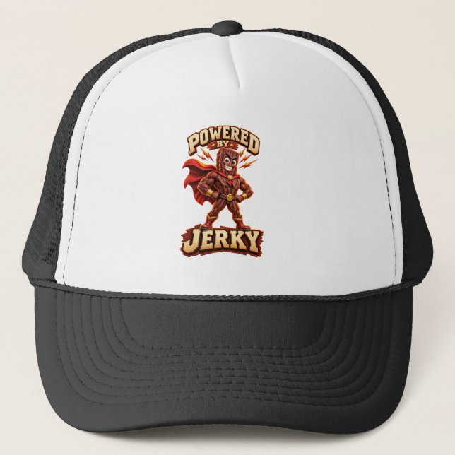 Powered by Jerky Superhero Trucker Hat (Front)