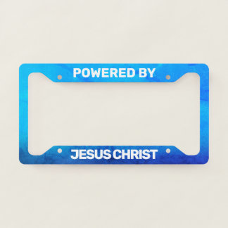 Powered by Jesus Christ Blue Gradient Grunge License Plate Frame