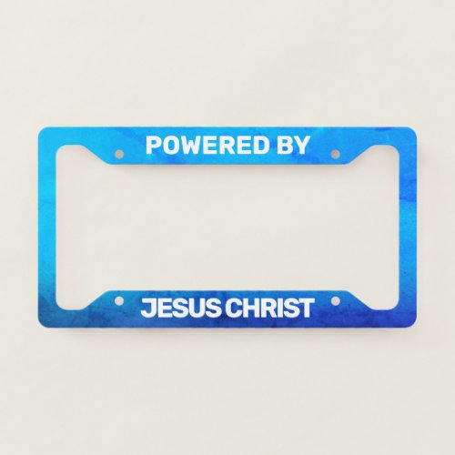 Powered by Jesus Christ Blue Gradient Grunge License Plate Frame