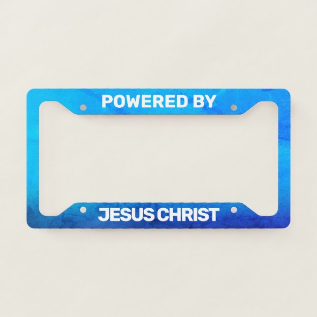 Powered by Jesus Christ Blue Gradient Grunge License Plate Frame (Front)