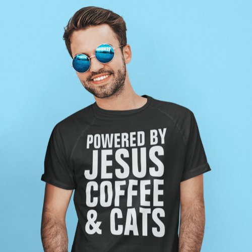 POWERED BY JESUS COFFEE  CATS CAT T_SHIRTS