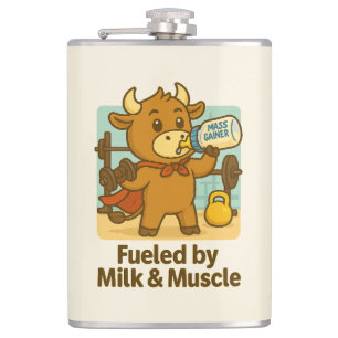 Powered by Milk & Muscle – Funny Bull Cartoon Flas Flask