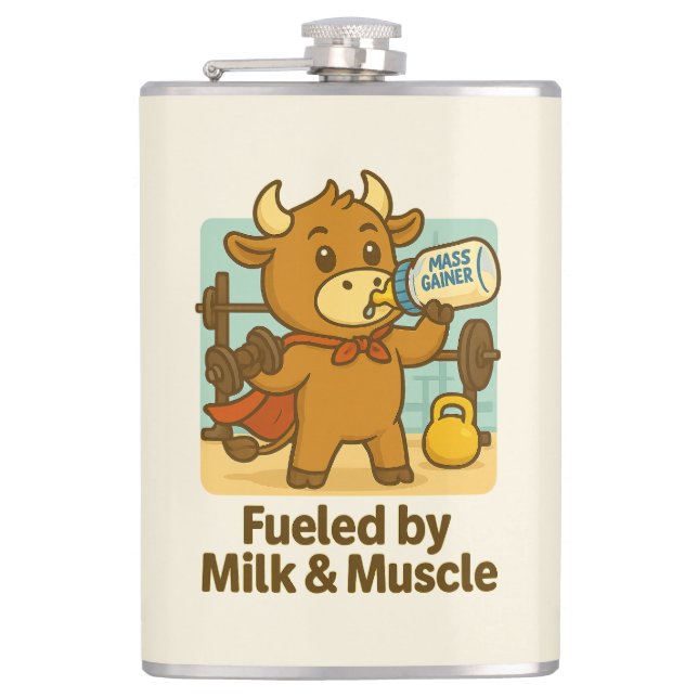 Powered by Milk & Muscle – Funny Bull Cartoon Flas Flask (Front)