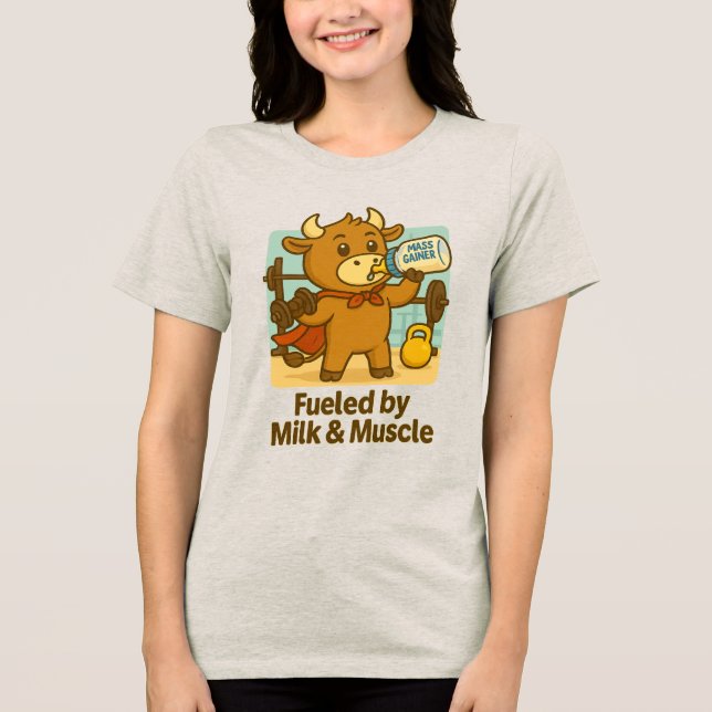 Powered by Milk & Muscles – Funny Bullio Cartoon Tri-Blend Shirt (Front)