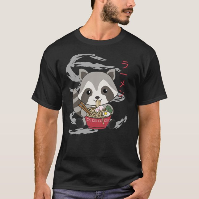 Powered By Ramen Cute Raccoon Eats Ramen T-Shirt (Front)
