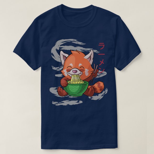 Powered By Ramen Cute Red Panda Eats Ramen Noodles T-Shirt (Design Front)