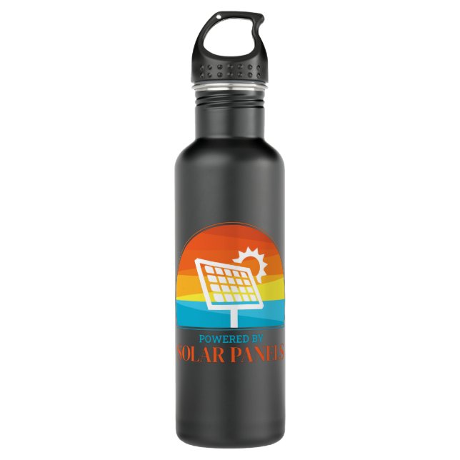 Powered By Solar Panels Photovoltaic Sun Stainless Steel Water Bottle (Front)