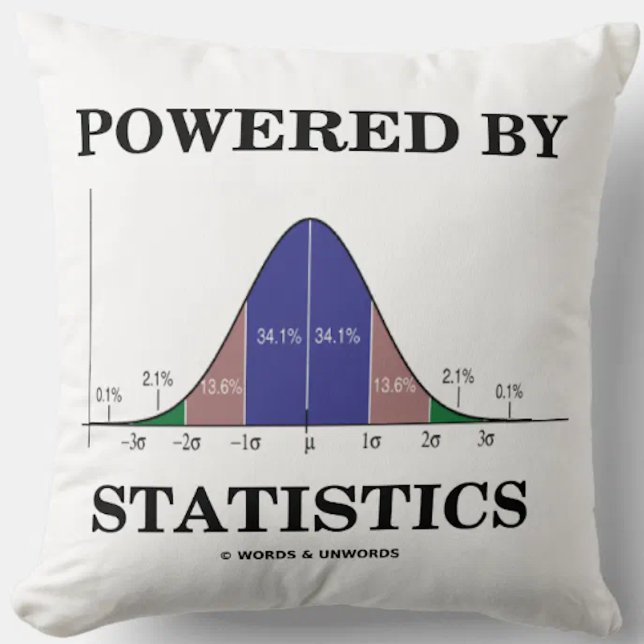 Powered By Statistics Bell Curve Stats Humor Throw Pillow (Throw pillow featuring the bell curve (normal distribution curve) for anyone "Powered By Statistics")