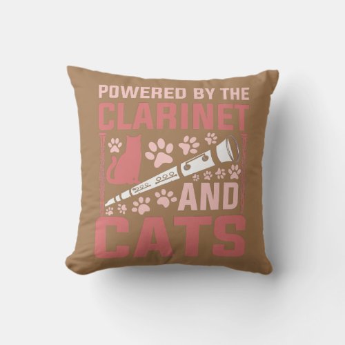 Powered By The Clarinet And Cats Funny Clarinet Throw Pillow