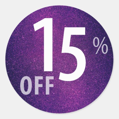 Powerful 15 OFF SALE Sign  Purple Glitter Classic Round Sticker