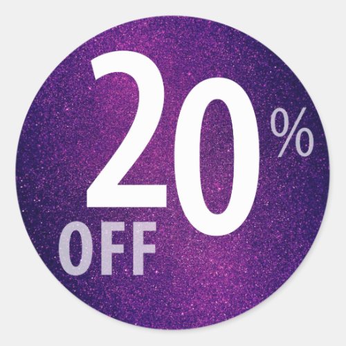 Powerful 20 OFF SALE Sign  Purple Glitter Classic Round Sticker