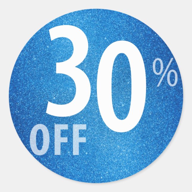 Powerful 30% OFF SALE Sign | Blue Glitter Classic Round Sticker (Front)