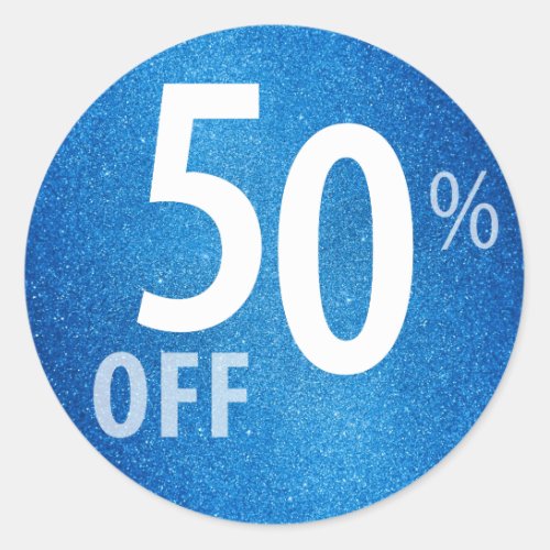 Powerful 50 OFF SALE Sign  Blue Glitter Classic Round Sticker