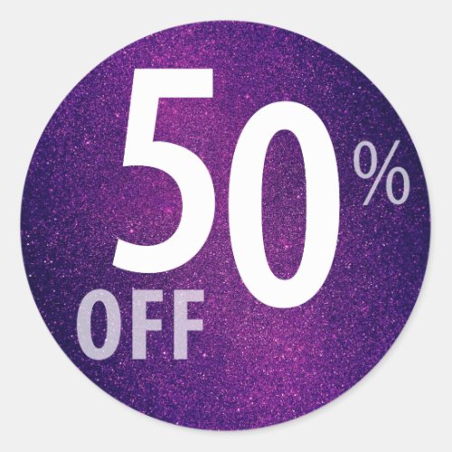 Powerful 50 OFF SALE Sign  Purple Glitter Classic Round Sticker