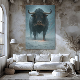Powerful Black Bull in Snow Art Print