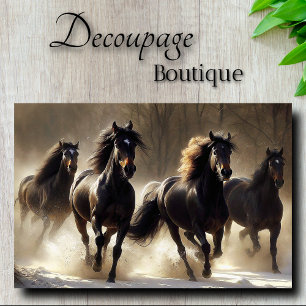 Powerful Black Stallions In Snow Decoupage Tissue Paper
