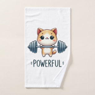 Powerful Cat Lifting Weights, Cute Gym Kitty Art Hand Towel