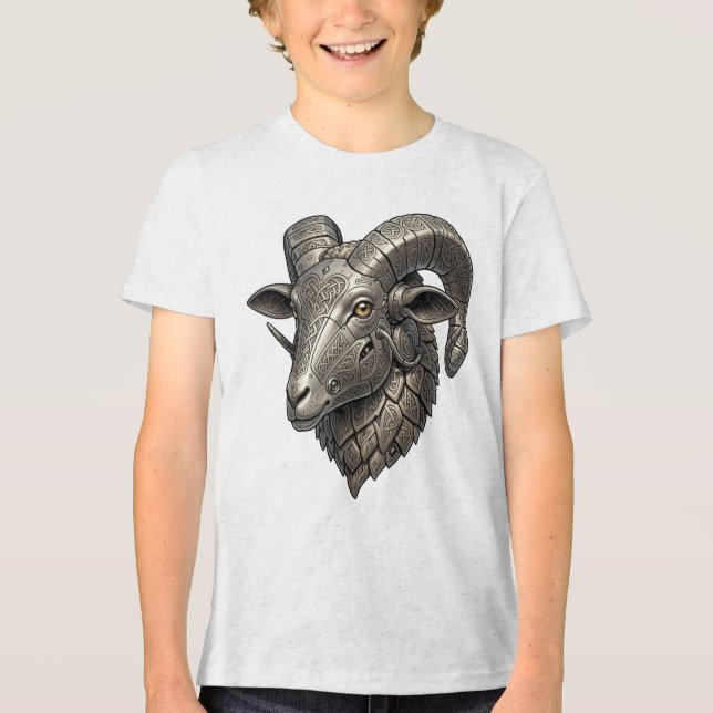 Powerful Celtic Silver Ram Head with Knot Patterns Tri-Blend Shirt (Front)