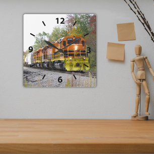 Powerful Diesel Engine Colorful Foliage Fall Train Square Wall Clock
